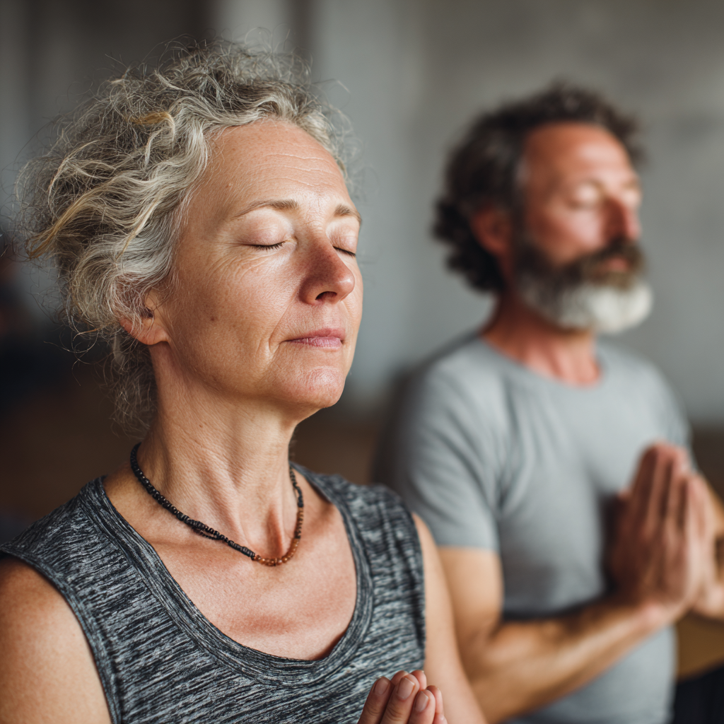 Middle-aged adults practicing gentle wellness routines